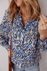 Blue Bohemian Print Embroidered V Neckline Detail Long Sleeve Shirt Blouses & Shirts JT's Designer Fashion