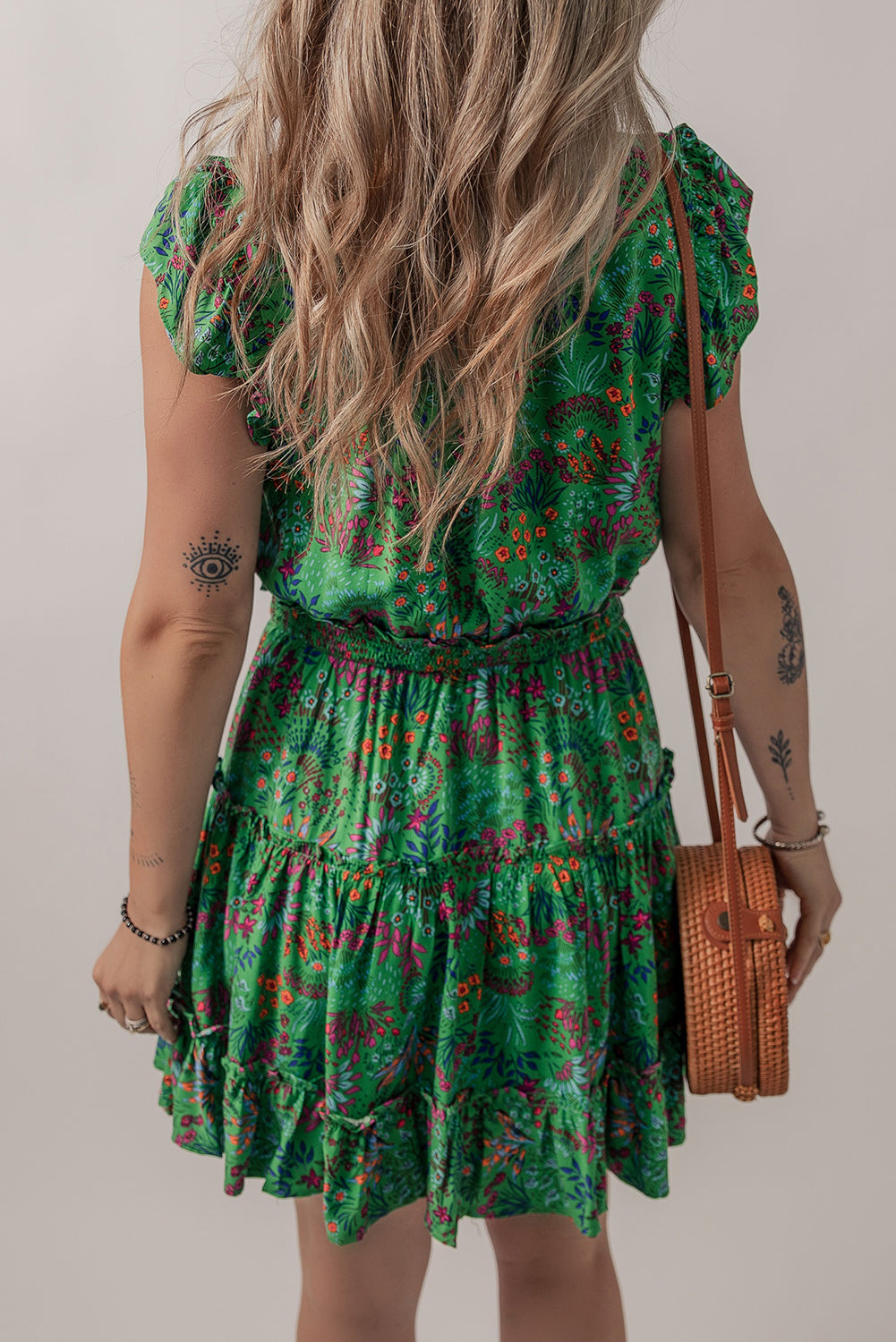 Green Floral Tie Split Neck Frilly Ruffle Trim Tiered Short Dress Floral Dresses JT's Designer Fashion