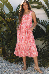 Pink Geometric Print Knot Back Sleeveless Ruffle Hem Dress Midi Dresses JT's Designer Fashion