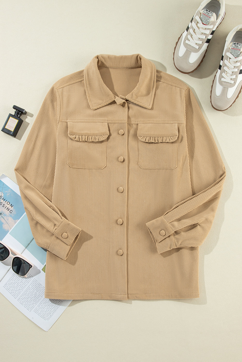 Light French Beige Solid Frilled Flap Pocket Button Up Corduroy Shacket Jackets JT's Designer Fashion