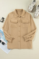 Light French Beige Solid Frilled Flap Pocket Button Up Corduroy Shacket Jackets JT's Designer Fashion