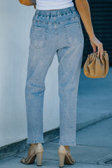 Sky Blue Gather Round Distressed Pocketed Denim Jogger Jeans JT's Designer Fashion