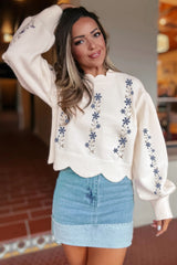 White Floral Embroidered Scallop Hem Cropped Sweater Sweaters JT's Designer Fashion