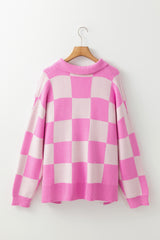 Pink Checkerboard Half Button Collared Drop Shoulder Sweater Sweaters JT's Designer Fashion