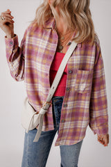 Pink Plaid Print Chest Pocket Long Sleeve Shacket Plaid Shackets JT's Designer Fashion