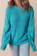 Turquoise Ruffled Eyelet Bubble Sleeve Sweater Sweaters JT's Designer Fashion