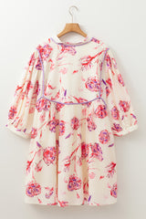 White Floral Print Lace up V Neck Balloon Sleeve Plus Size Shift Mini Dress Plus Size Mini Dresses JT's Designer Fashion