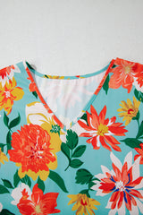 Sky Blue Plus Size Floral Print V Neck Batwing Sleeve Blouse Plus Size Blouses & Shirts JT's Designer Fashion