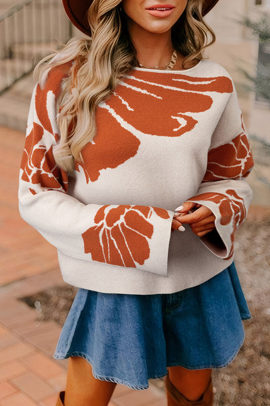 Beige Bold Flower Pattern Wide Sleeve Baggy Sweater Beige 52%Viscose+26%Polyester+22%Polyamide Sweaters JT's Designer Fashion