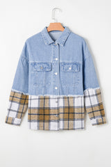 Khaki Plaid Patchwork Buttoned Oversized Denim Jacket Denim Jackets JT's Designer Fashion