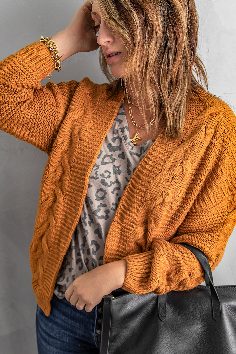 Khaki Chunky Wide Long Sleeve Knit Cardigan Sweaters & Cardigans JT's Designer Fashion