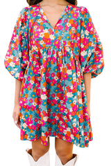 Sky Blue Floral Print Tie Split Neck Bubble Sleeve Babydoll Dress Floral Dresses JT's Designer Fashion