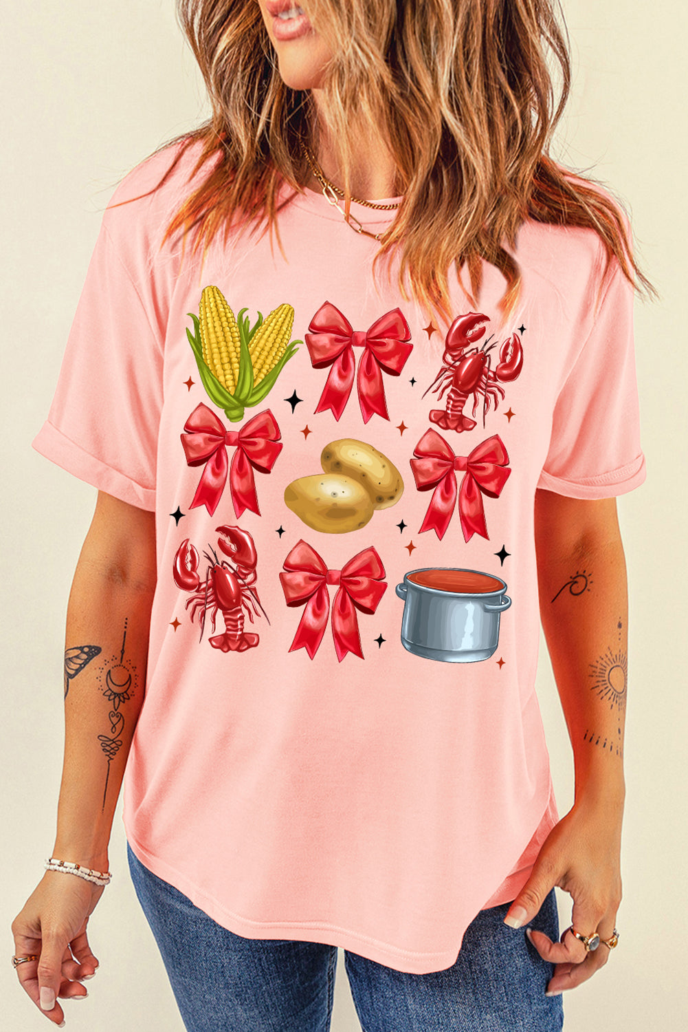 Pink Summer Food Bow Crawfish Printed T Shirt Graphic Tees JT's Designer Fashion
