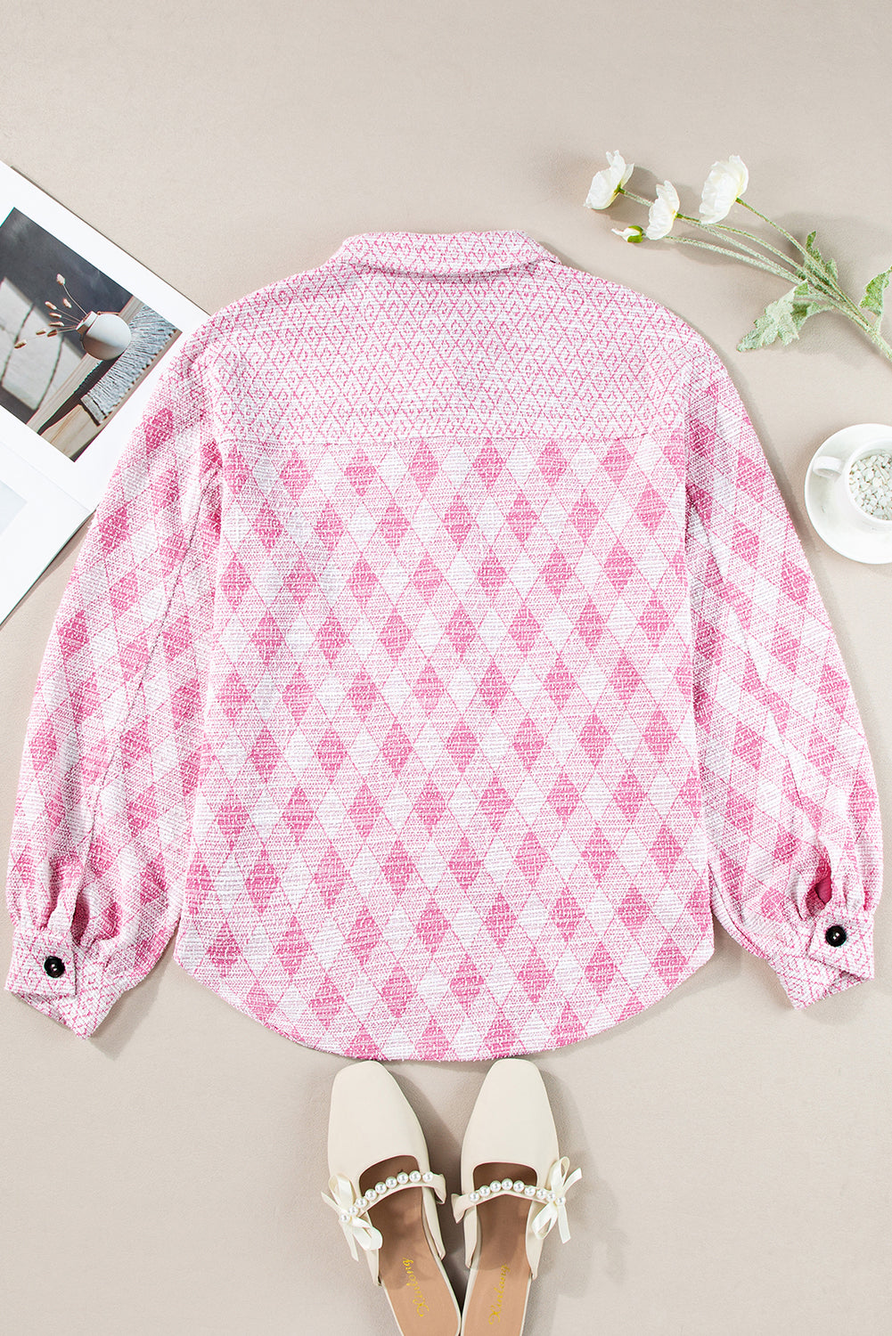 Delicacy Geometric Print Textured Flap Detail Shacket with Pocket Jackets JT's Designer Fashion
