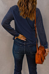 Blue Sheer Stripe V-Neck Top Long Sleeve Tops JT's Designer Fashion