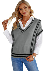 Gray V Neck Contrast Stripes Trims Short Sleeve Sweater Sweaters & Cardigans JT's Designer Fashion
