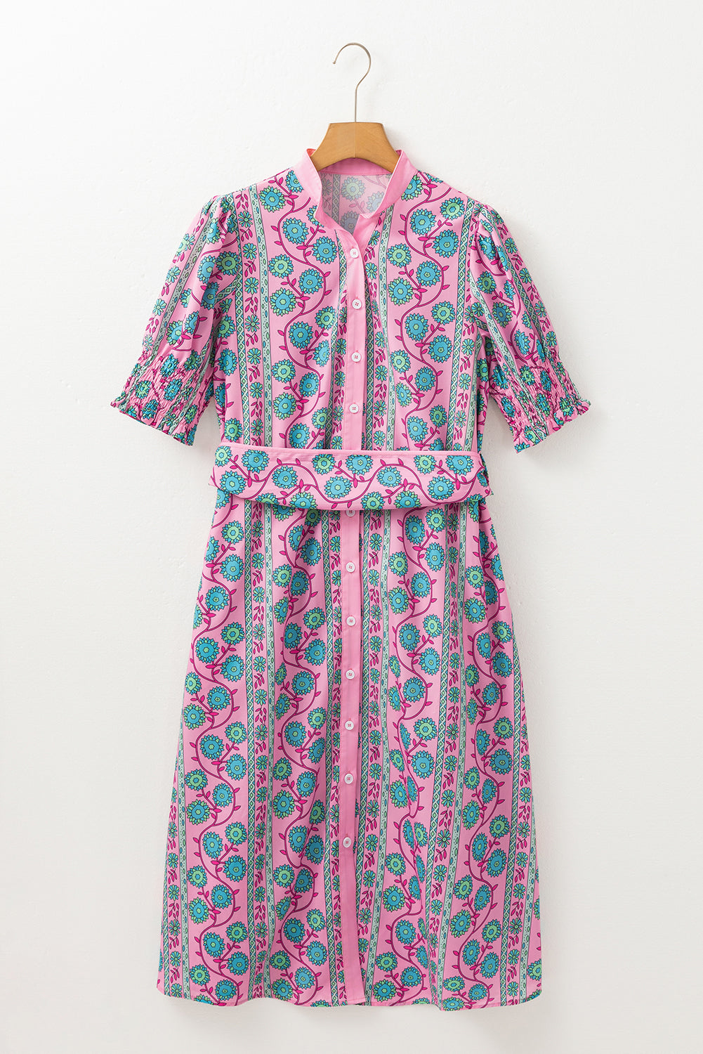 Pink Floral Shirred Puff Sleeve Buttoned Front Midi Dress with Sash Midi Dresses JT's Designer Fashion