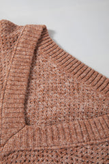 Dark Brown Loose Eyelet V Neck Drop Shoulder Sweater Sweaters JT's Designer Fashion