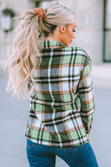 Green Geometric Plaid Print Pocketed Shacket Plaid Shackets JT's Designer Fashion