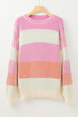 Pink Colorblock Textured Knit Bubble Sleeve Sweater Sweaters JT's Designer Fashion