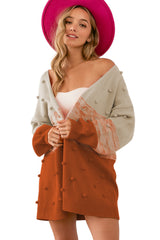Brown Pompom Color Block Open Front Cardigan Sweaters & Cardigans JT's Designer Fashion