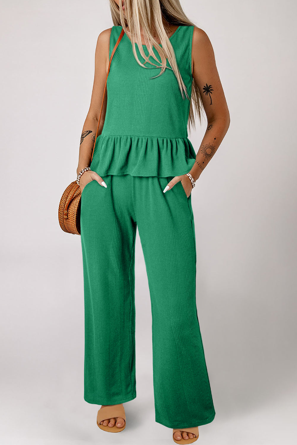 Green Solid Color Ribbed Ruffle Tank Top and Pants Set Pant Sets JT's Designer Fashion