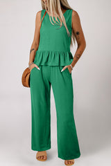 Green Solid Color Ribbed Ruffle Tank Top and Pants Set Pant Sets JT's Designer Fashion