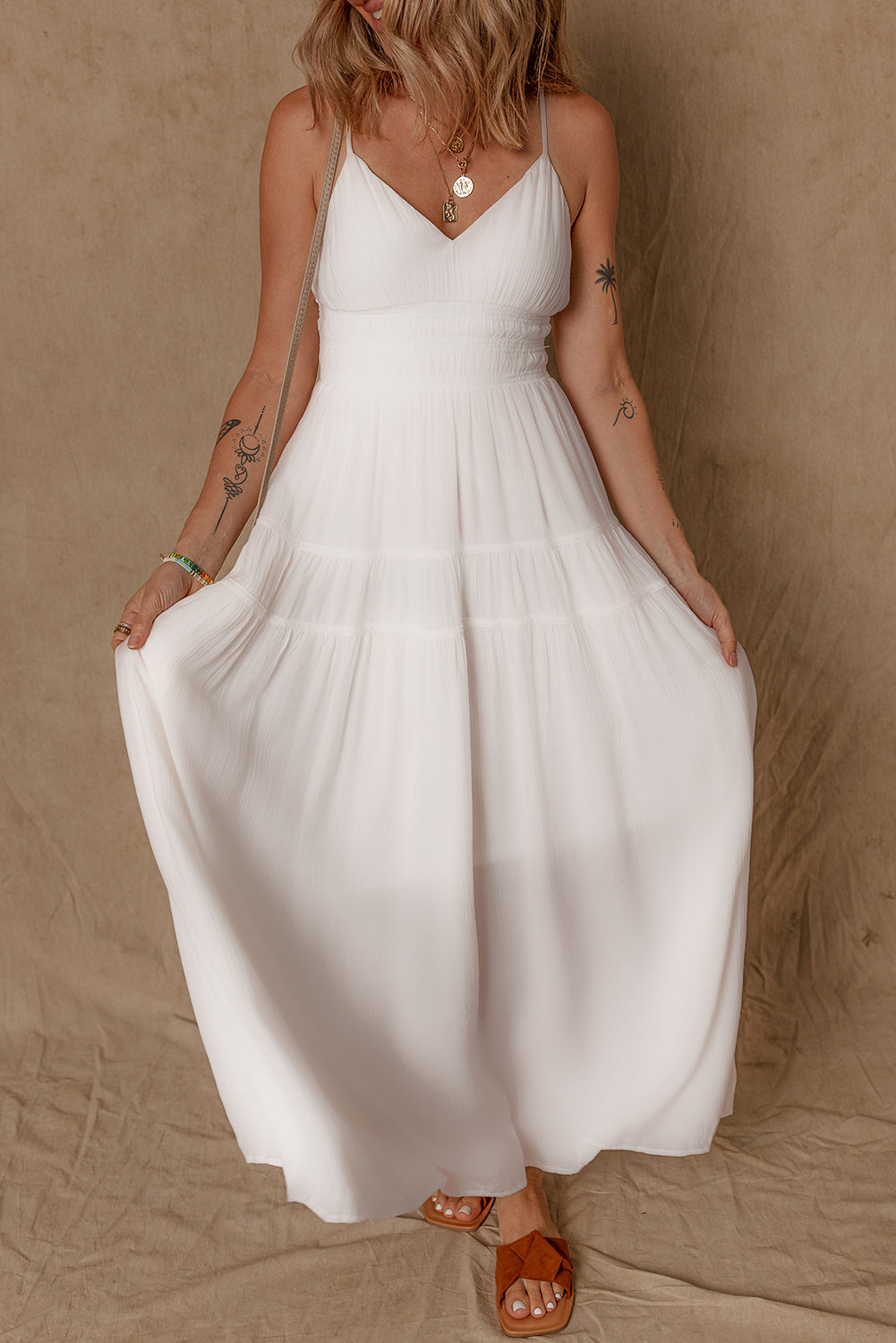 White Spaghetti Straps High Waist Elegant Long Dress Maxi Dresses JT's Designer Fashion