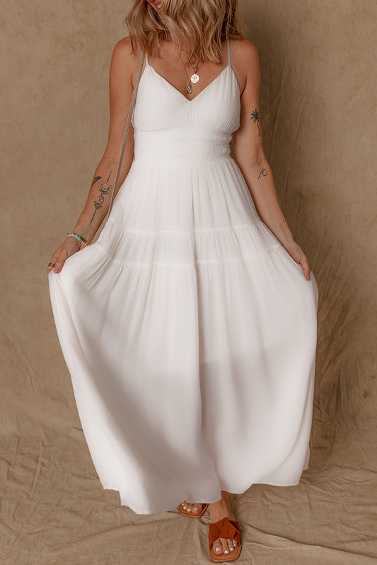 White Spaghetti Straps High Waist Elegant Long Dress Maxi Dresses JT's Designer Fashion