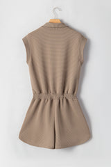Dark Khaki Textured Short Sleeve Half Zip Drawstring Waist Romper Jumpsuits & Rompers JT's Designer Fashion