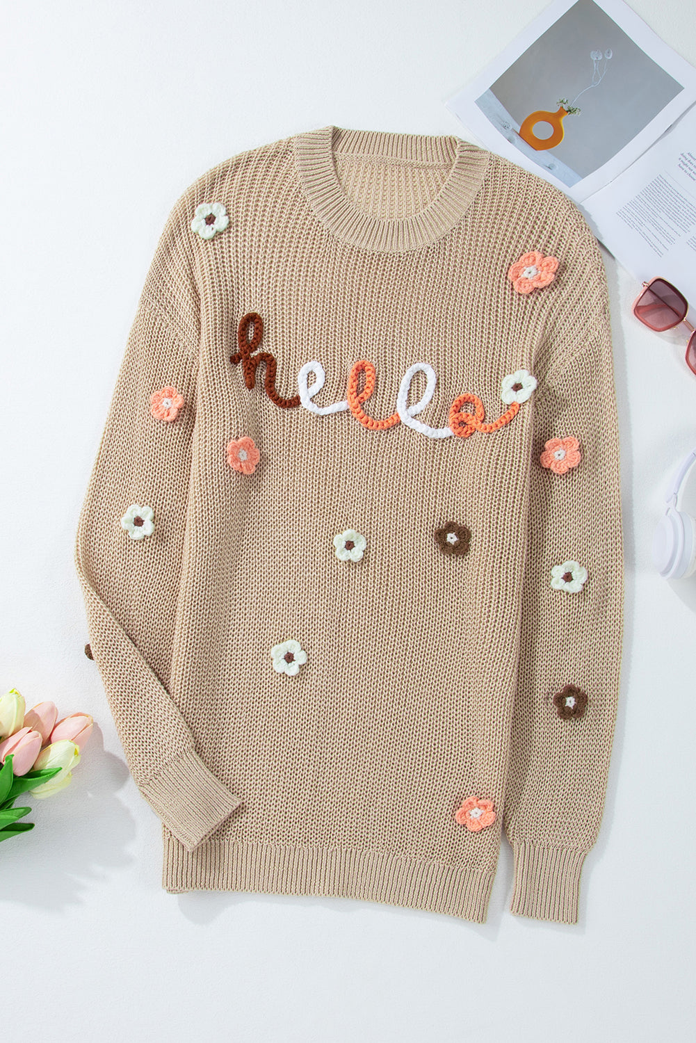 Parchment Hello Floral Embroidered Knit Loose Sweater Sweaters JT's Designer Fashion