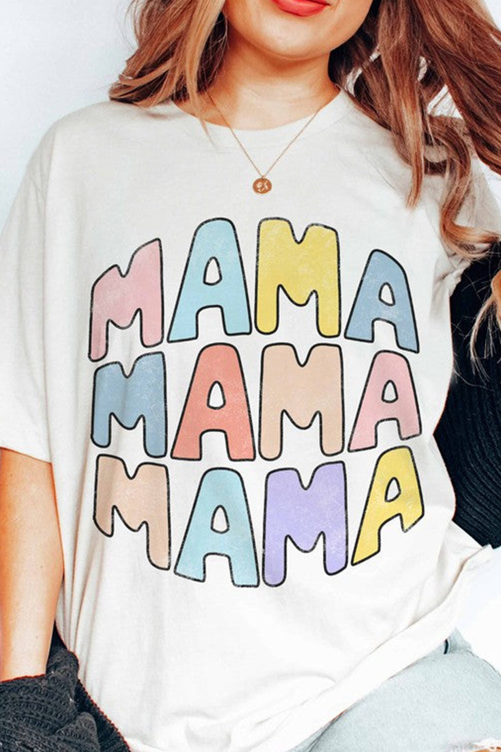 White MAMA Slogan Print Crew Neck Casual T Shirt Graphic Tees JT's Designer Fashion