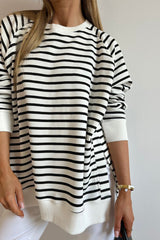 Black Stripe Raglan Sleeve Side Slits Loose Sweatshirt Sweatshirts & Hoodies JT's Designer Fashion