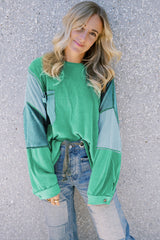 Green Colorblock Stitching Patchwork Buttoned Long Sleeve Top Long Sleeve Tops JT's Designer Fashion