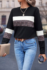 White Leopard Colorblock Patchwork Crew Neck Long Sleeve Tee Long Sleeve Tops JT's Designer Fashion