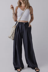 Dirty blue Dual Buttoned High Waist Pleated Wide Leg Pants Pants & Culotte JT's Designer Fashion