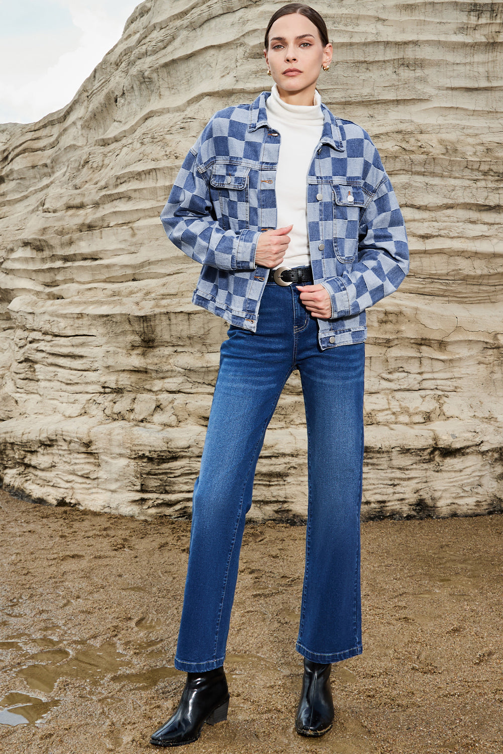 Light Blue Checkered Patchwork Button up Denim Jacket Denim Jackets JT's Designer Fashion