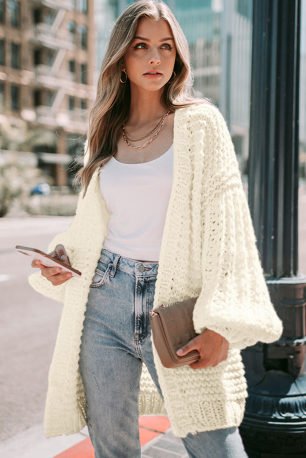 White Chunky Oversize Knit Drop Shoulder Puff Sleeve Cardigan Cardigans JT's Designer Fashion