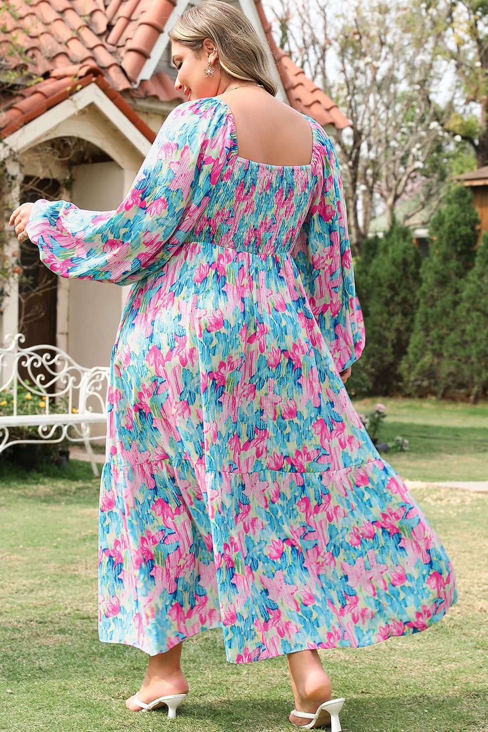 Sky Blue Floral Allover Print Shirred Square Neck Plus Size Maxi Dress Plus Size Maxi Dresses JT's Designer Fashion