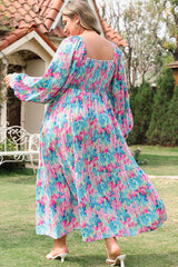 Sky Blue Floral Allover Print Shirred Square Neck Plus Size Maxi Dress Plus Size Maxi Dresses JT's Designer Fashion