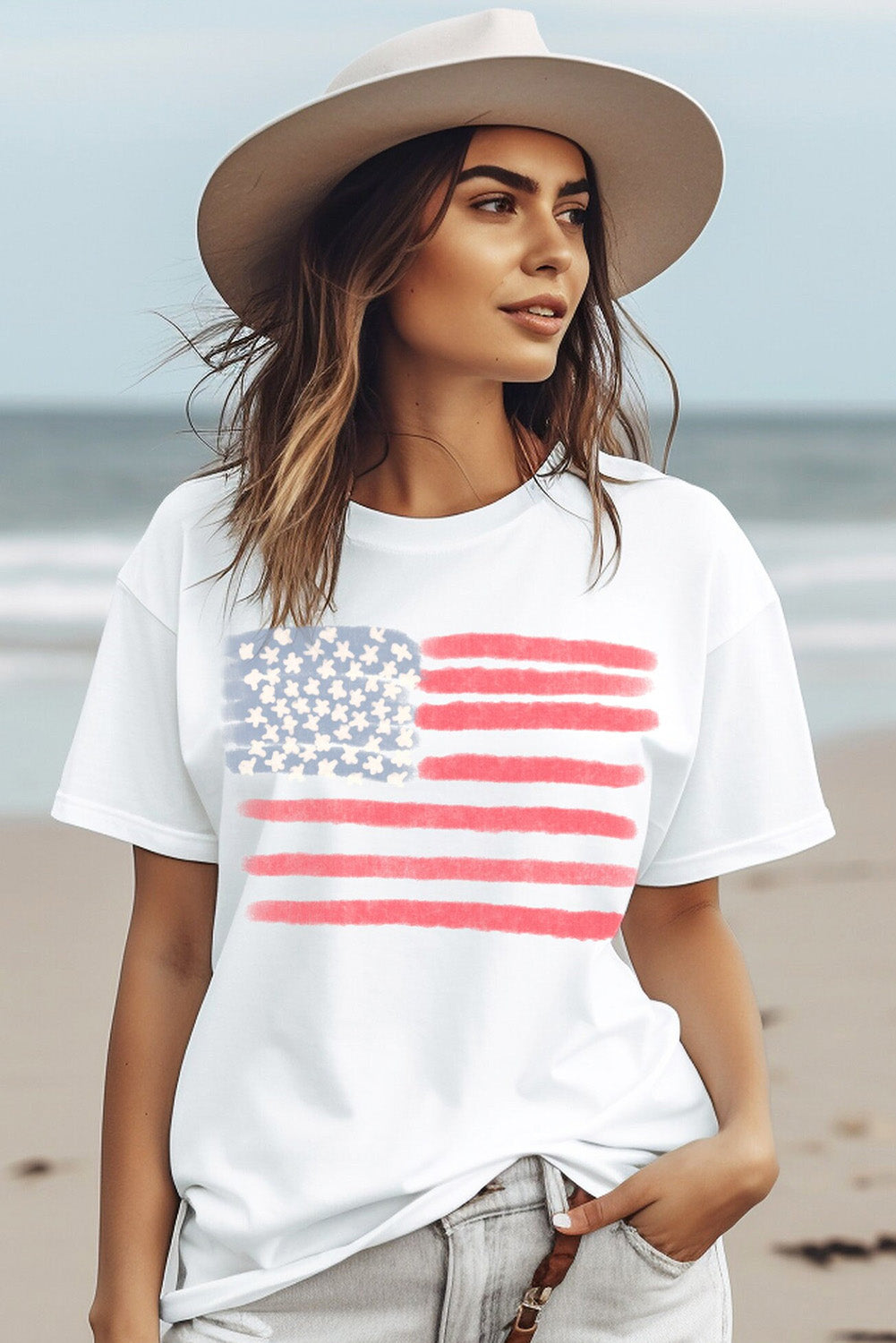 White American Flag Pattern Crew Neck Short Sleeve Tee Graphic Tees JT's Designer Fashion