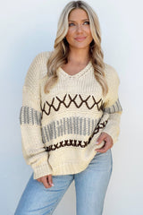 Parchment Contrast Stitch Detail V Neck Drop Shoulder Sweater Sweaters JT's Designer Fashion