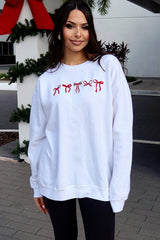 White Diverse Bow Embroidery Drop Shoulder Sweatshirt Graphic Sweatshirts JT's Designer Fashion