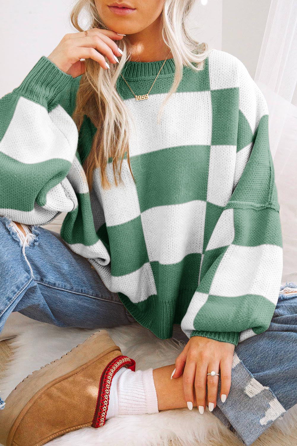 Green Checkered Bishop Sleeve Sweater Green 100%Acrylic Sweaters JT's Designer Fashion