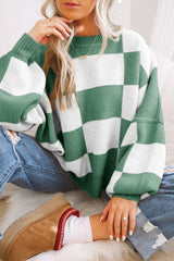 Green Checkered Bishop Sleeve Sweater Green 100%Acrylic Sweaters JT's Designer Fashion