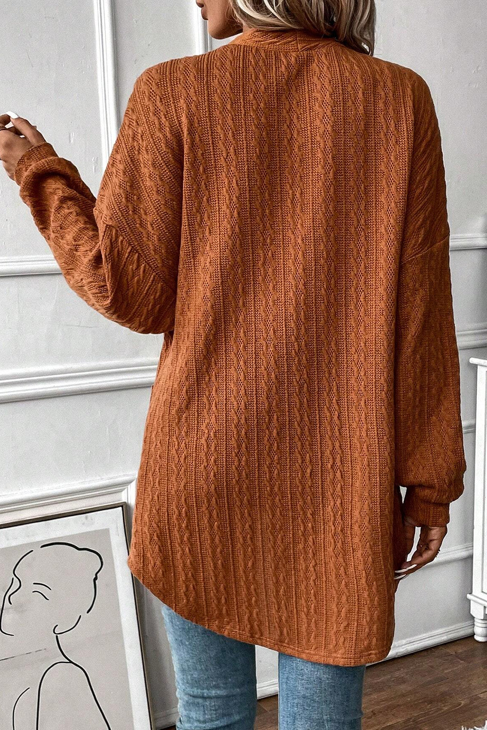 Chestnut Textured Knit Side Pockets Open Front Cardigan Cardigans JT's Designer Fashion