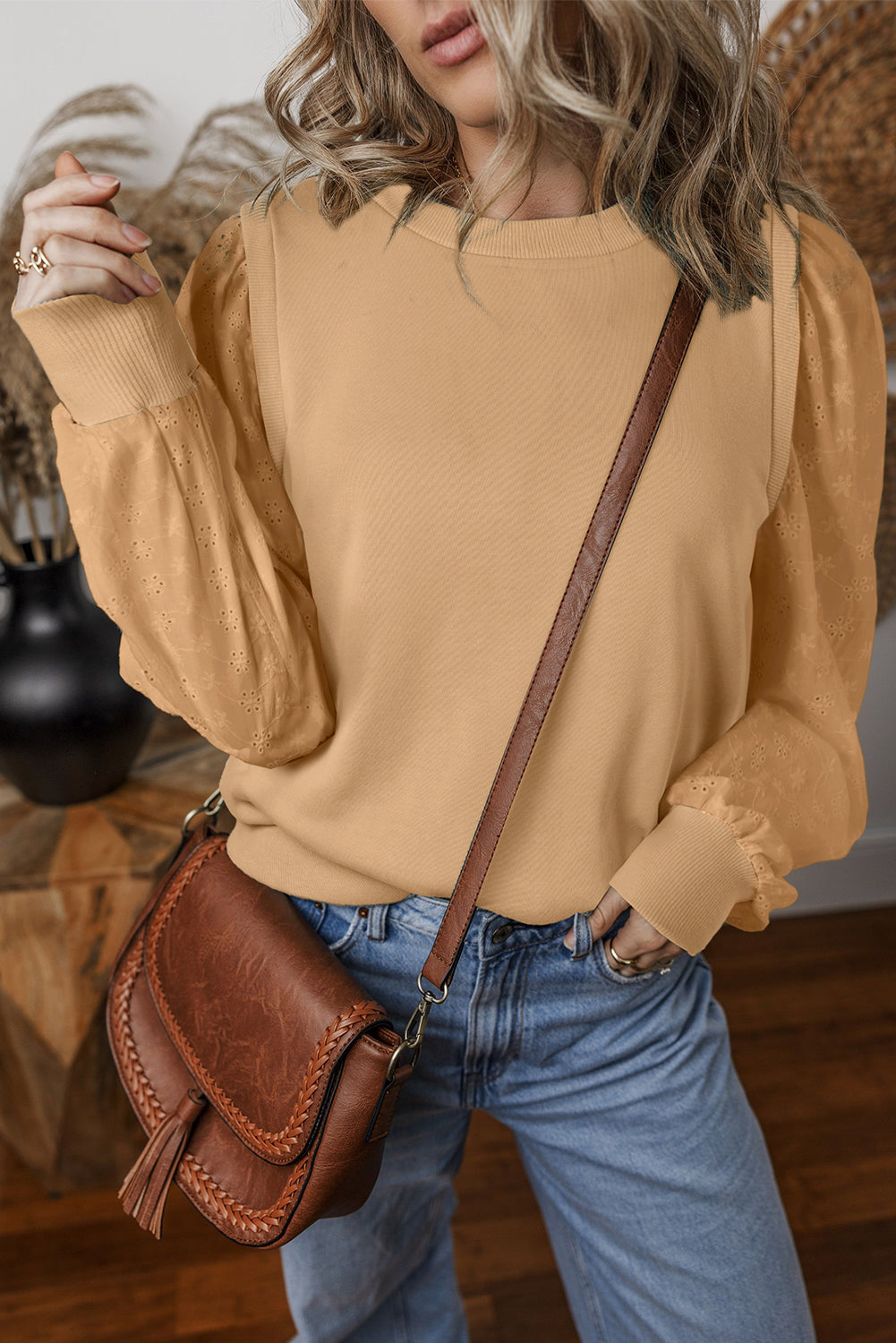 Pale Khaki Textured Patchwork Round Neck Sweatshirt Sweatshirts & Hoodies JT's Designer Fashion