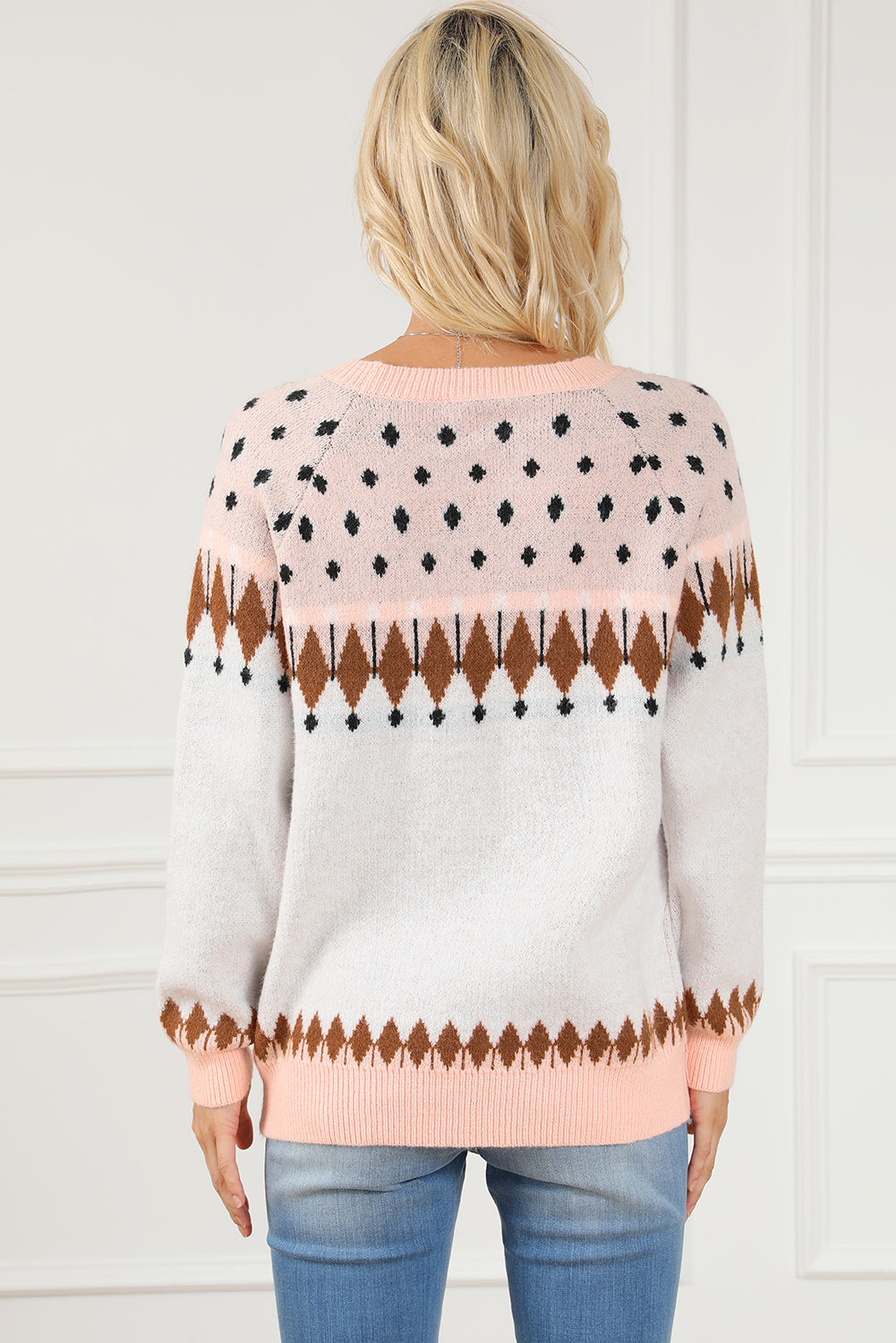 Multicolor Mixed Geometric Detail Raglan Sleeve Sweater Sweaters & Cardigans JT's Designer Fashion