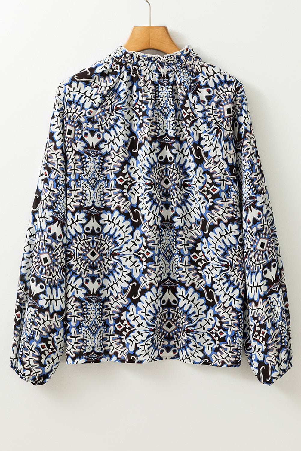 Blue Tribal Print Lace-up Frilled Neck Puff Sleeve Blouse Blouses & Shirts JT's Designer Fashion