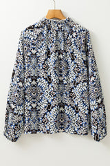 Blue Tribal Print Lace-up Frilled Neck Puff Sleeve Blouse Blouses & Shirts JT's Designer Fashion
